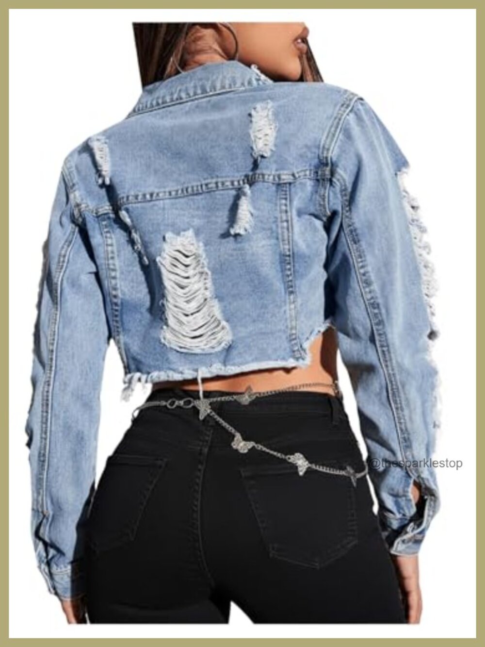 Women's Distressed Cropped Denim Jacket Long Sleeve Ripped Frayed Jean